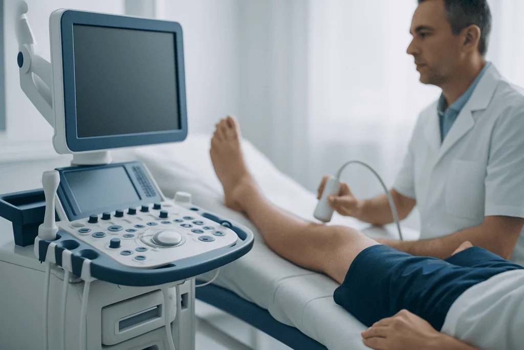 Medical professional performing an ultrasound on a patient's leg in a clinical setting.