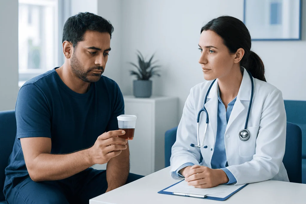 Patient consulting with doctor about urine color health concerns.