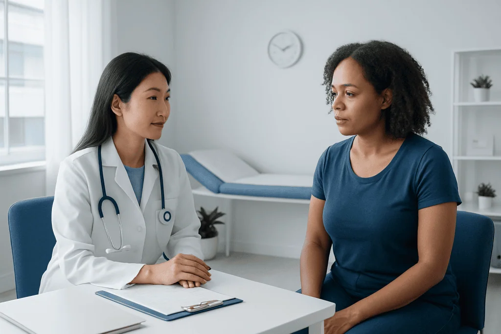 Doctor consulting with a patient in a modern medical office.