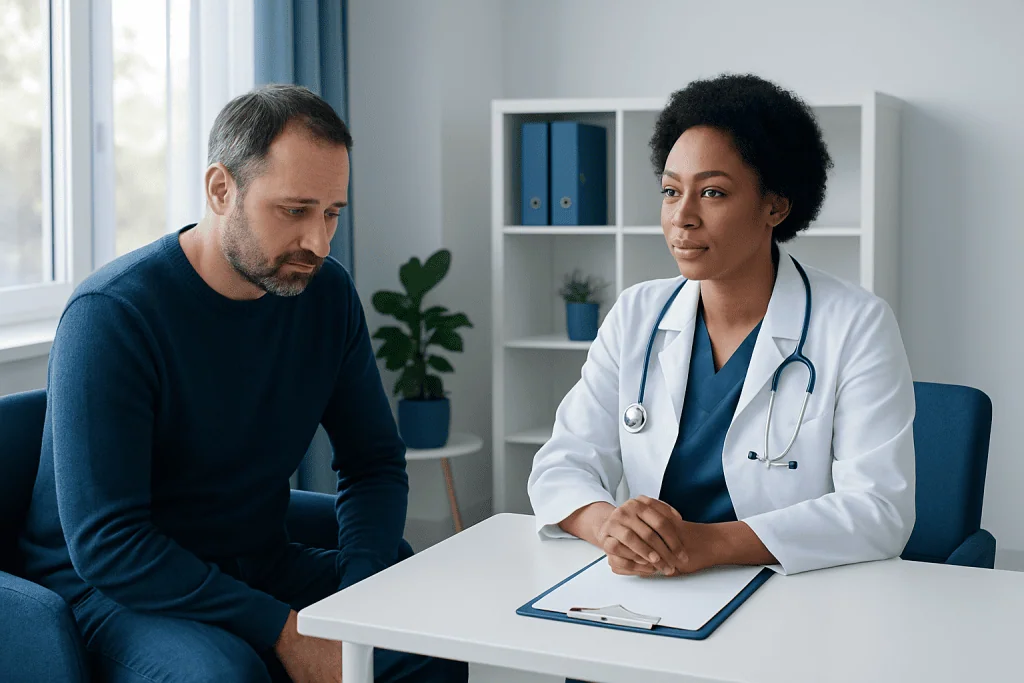 Doctor consulting with a patient in a medical office setting.