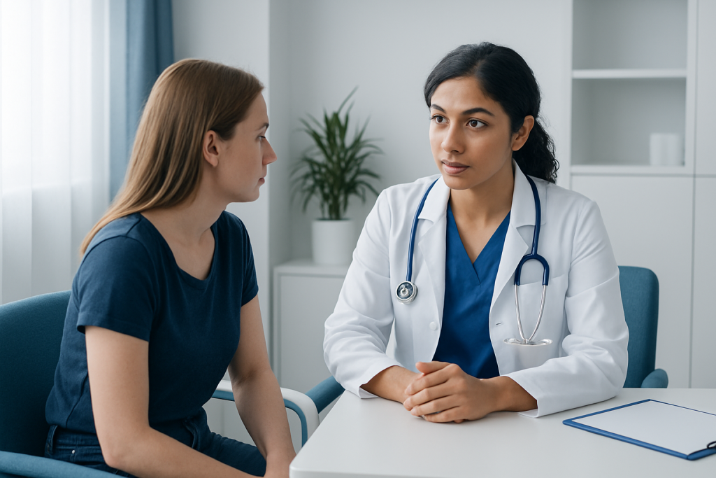 Doctor consulting with a female patient in a medical office.