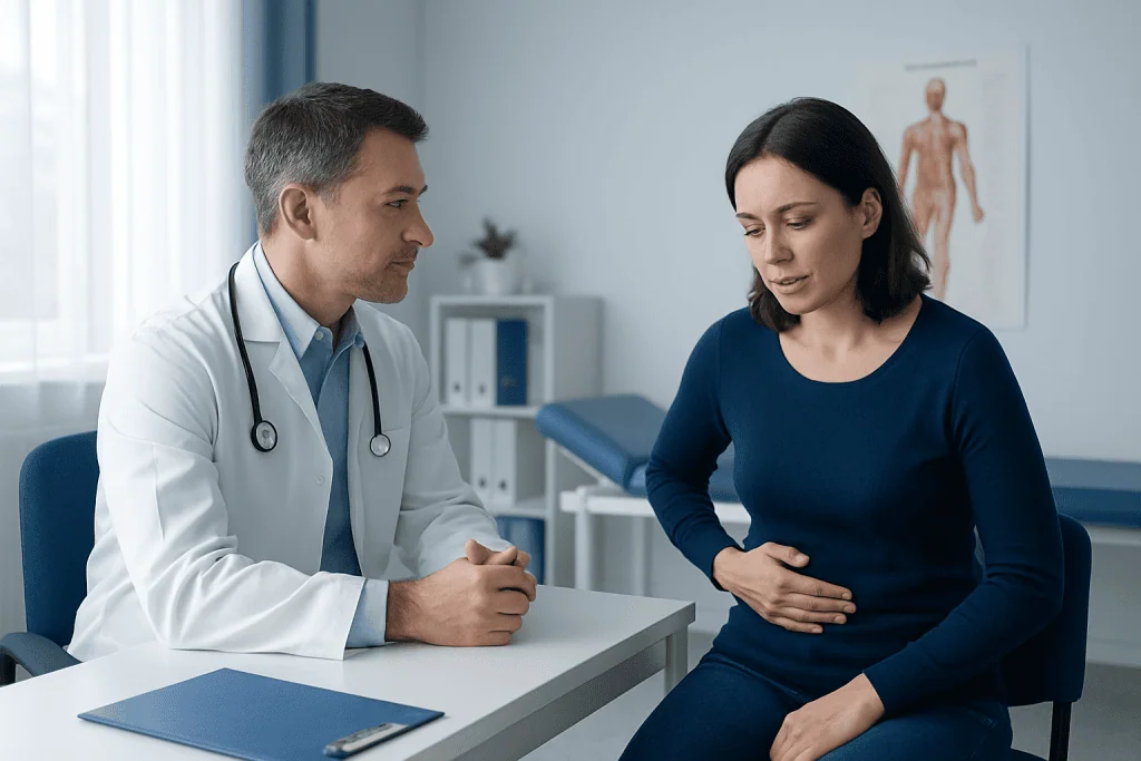 Doctor consulting with a woman patient in a medical office setting.