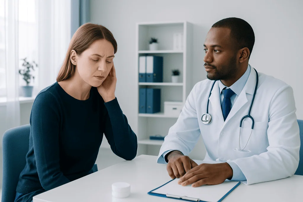 Doctor consulting with a woman patient about ear discomfort symptoms.