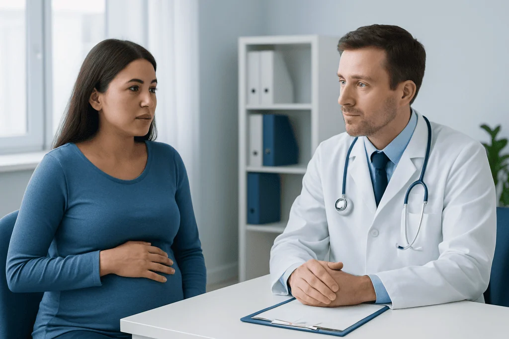 Pregnant woman consulting with a doctor in a medical office.