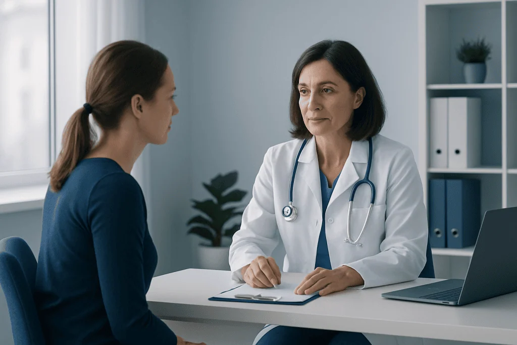 Doctor consulting with a patient in a modern medical office.
