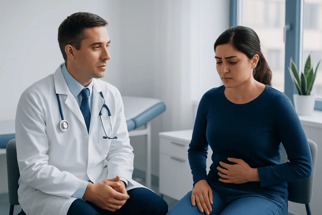 Doctor consulting with a woman patient about stomach pain.