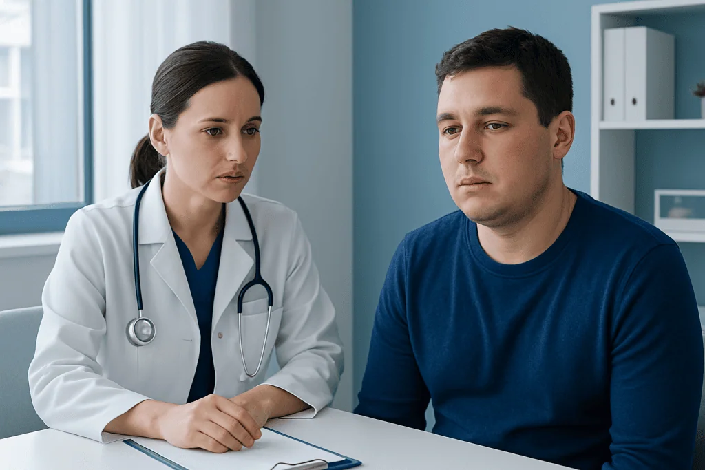Doctor consulting with male patient about swollen face symptoms.
