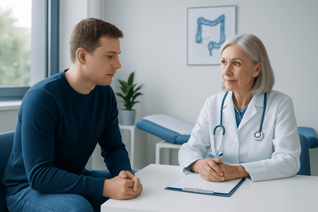 Doctor consulting with a young male patient in a medical office.