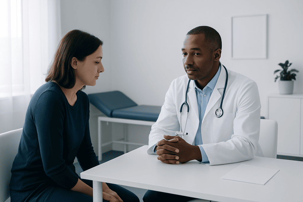 Doctor consulting with a female patient in a medical office.