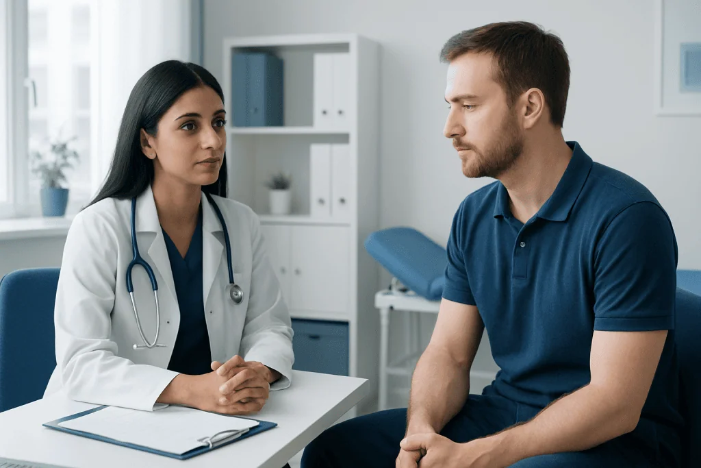 Doctor consulting with male patient in a medical office setting.