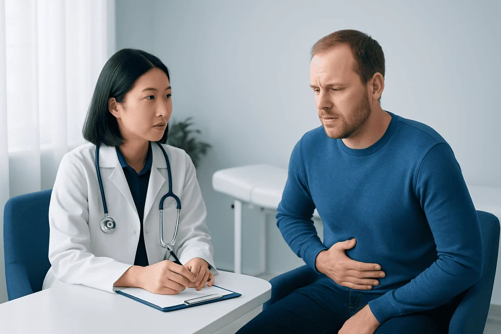 Doctor consulting male patient about stomach pain in clinic.