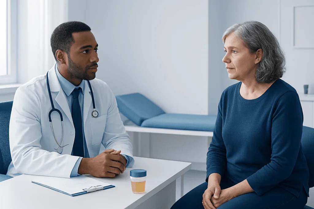 Doctor consulting with an older female patient in a medical office.