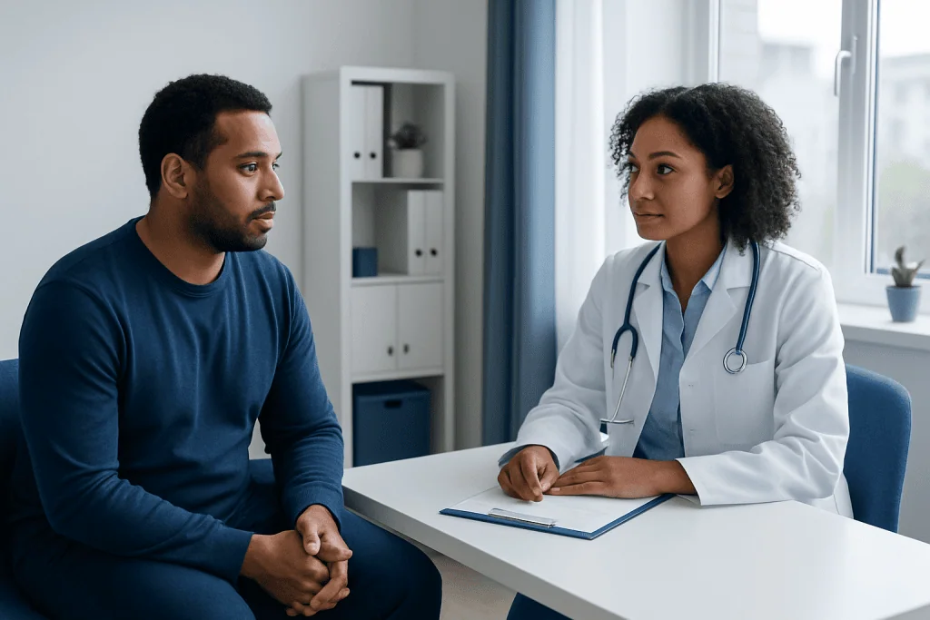 Doctor consulting with patient in a medical office setting.