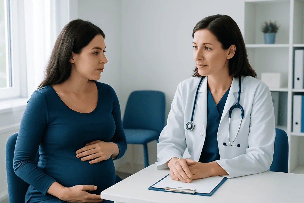 Pregnant woman consulting with a doctor in a medical office.