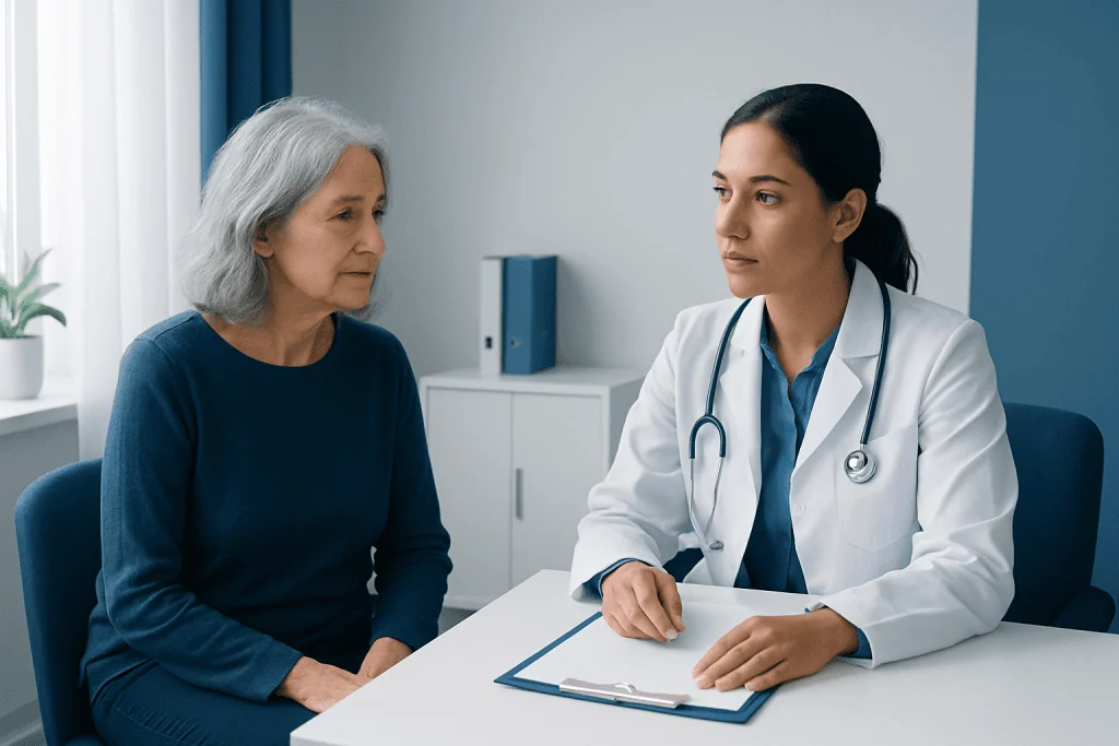 Doctor consulting with an elderly woman in a medical office.