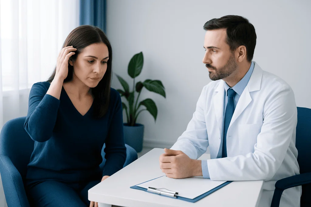 Doctor consulting with a woman patient about hair loss or treatment options.