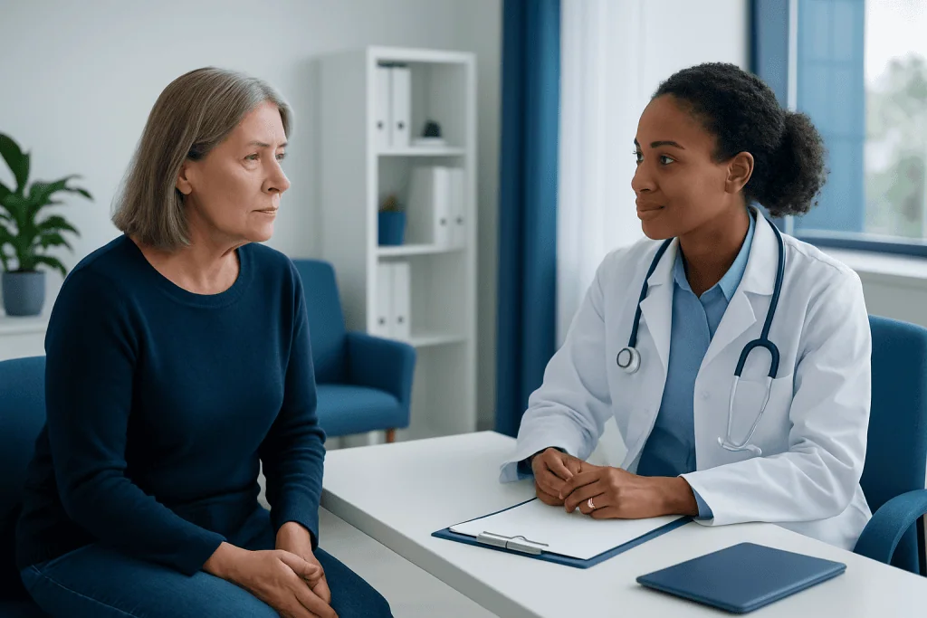 Doctor consulting with an older female patient in a modern clinic setting.