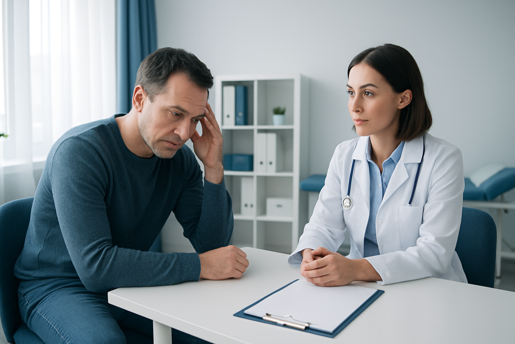 Male patient consulting with female doctor in a medical office.