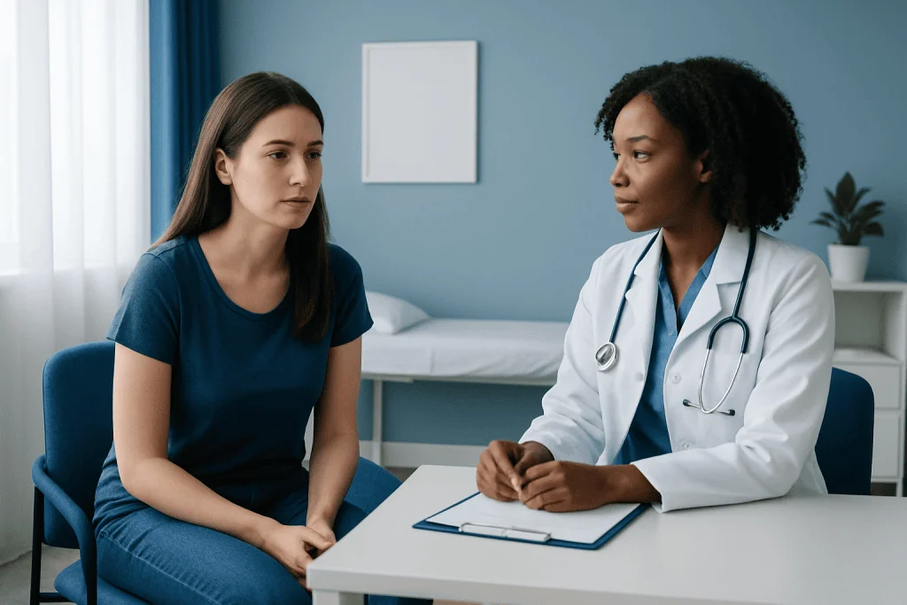 Doctor consulting with a young woman in a medical office.