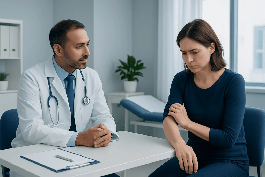 Doctor consulting with a woman patient about skin itching symptoms.