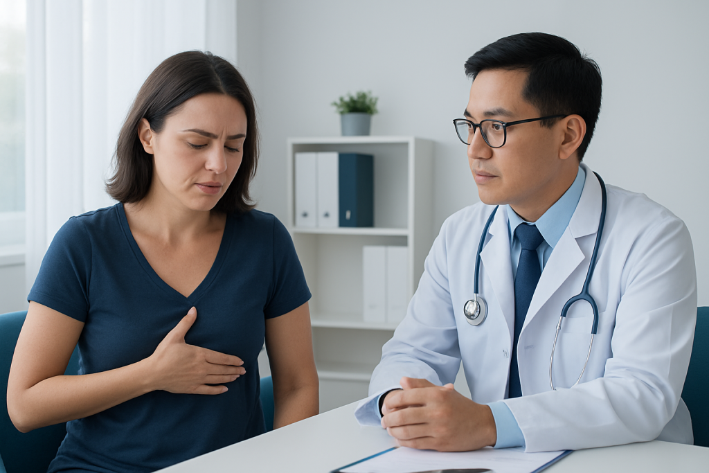 Doctor consulting with a woman experiencing breast discomfort in a clinical setting.