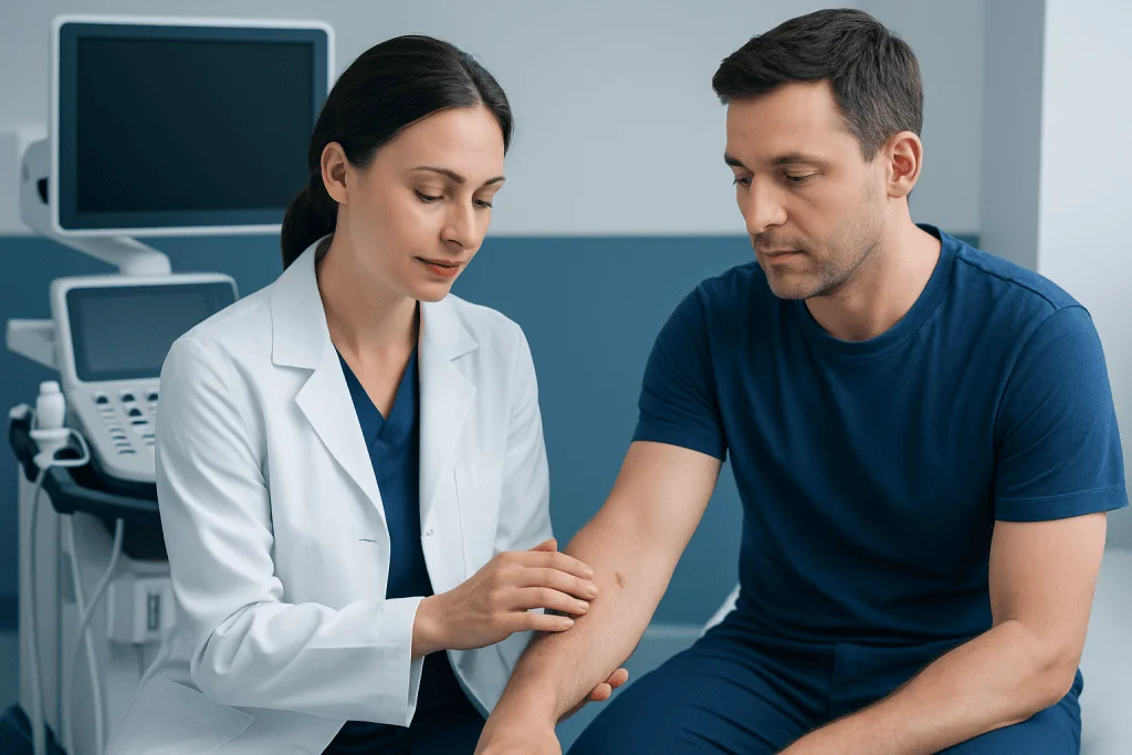 Doctor examining patient's skin for lumps and itchy skin symptoms.