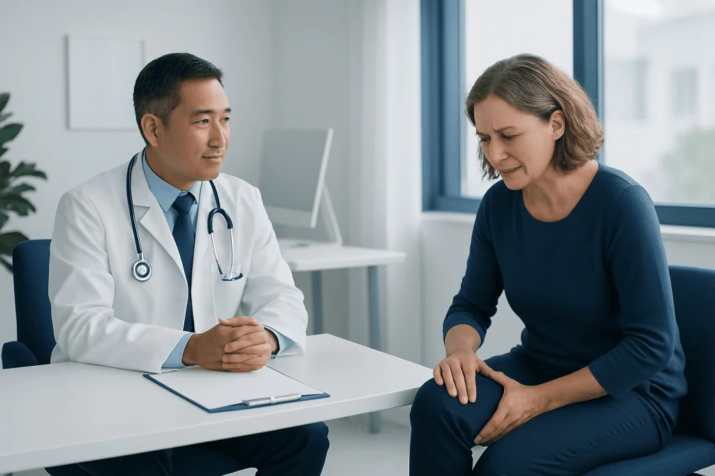 Doctor consulting with a woman about joint discomfort in a medical office.