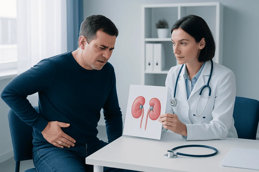 Doctor explaining kidney pain causes to patient with kidney diagram.