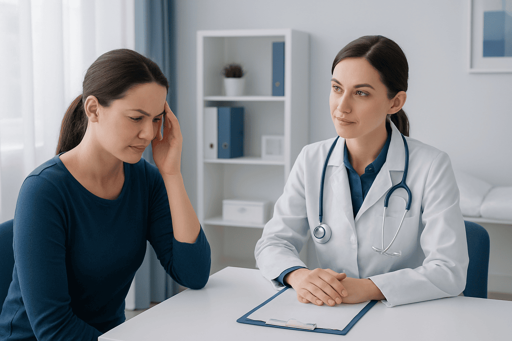 Doctor consulting with a woman patient about headache symptoms.