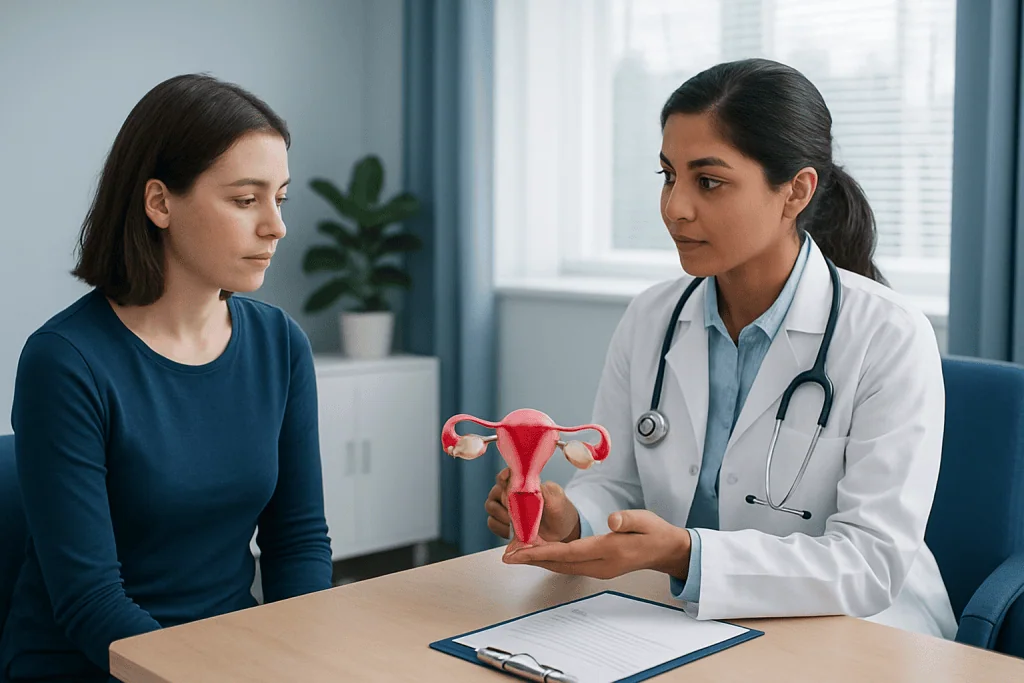 Gynecologist explaining uterine health to a patient in a clinic setting.