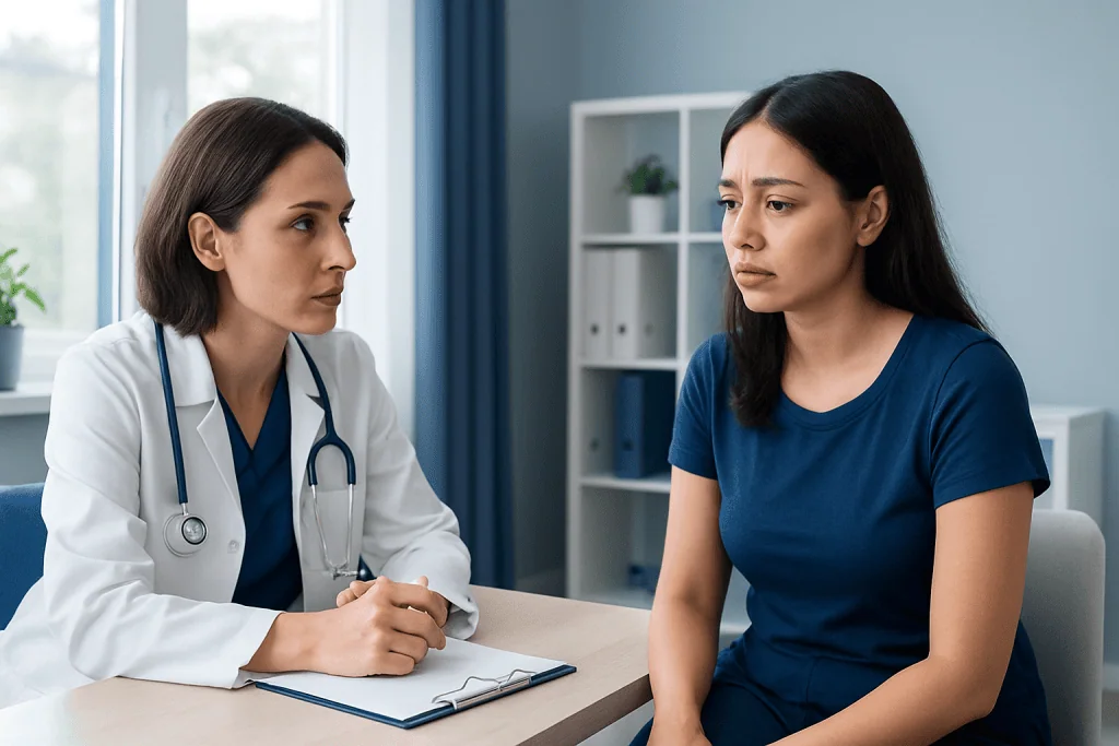 Doctor consulting with a woman patient about lip spot concerns.