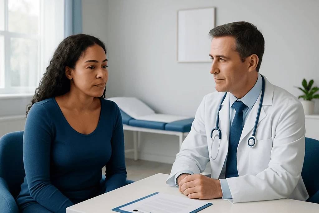 Doctor consulting with a patient about health concerns in a clinic setting.