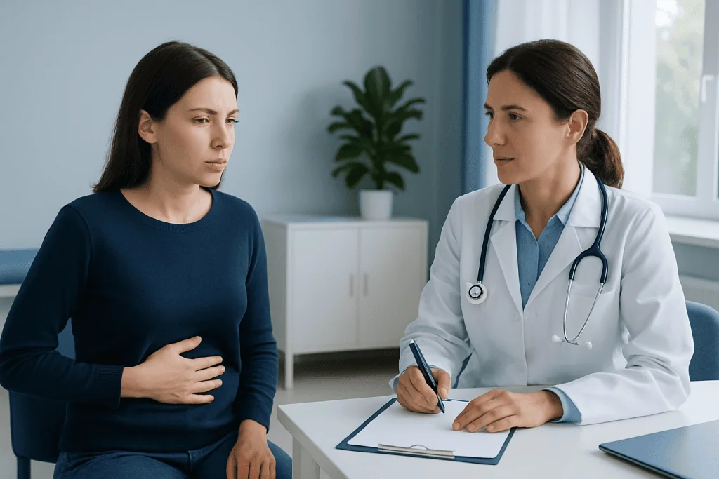 Doctor consulting with a patient about mucus and digestion issues.