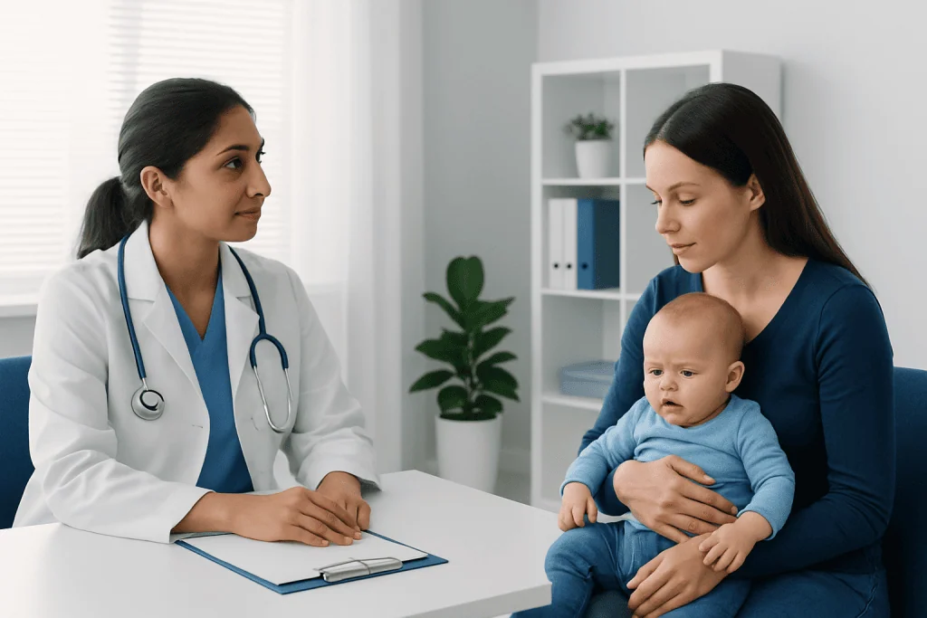 Pediatric consultation with a doctor and mother holding a baby in a clinic.