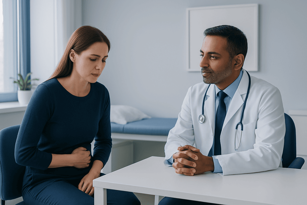 Doctor consulting with a patient about gastrointestinal health in a clinic setting.