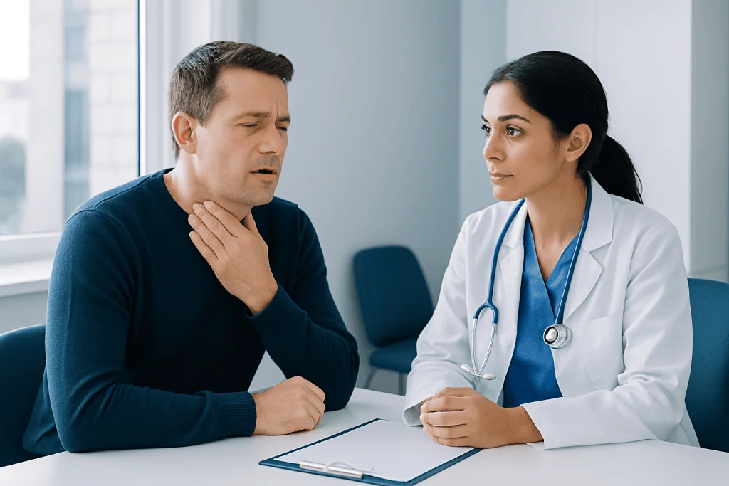 Doctor consulting with a patient about throat discomfort in a clinical setting.