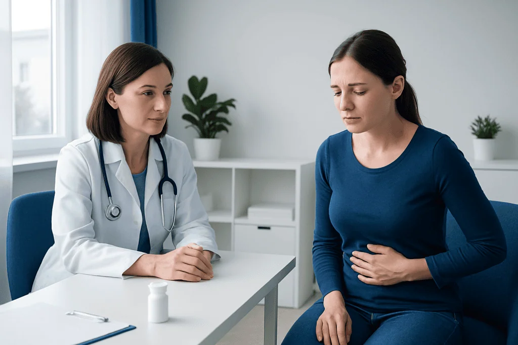 Doctor consulting a woman patient about nausea symptoms in a clinic.