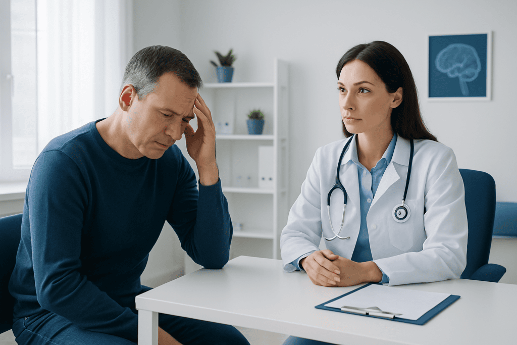 Doctor consulting with a patient about neurological dizziness symptoms.