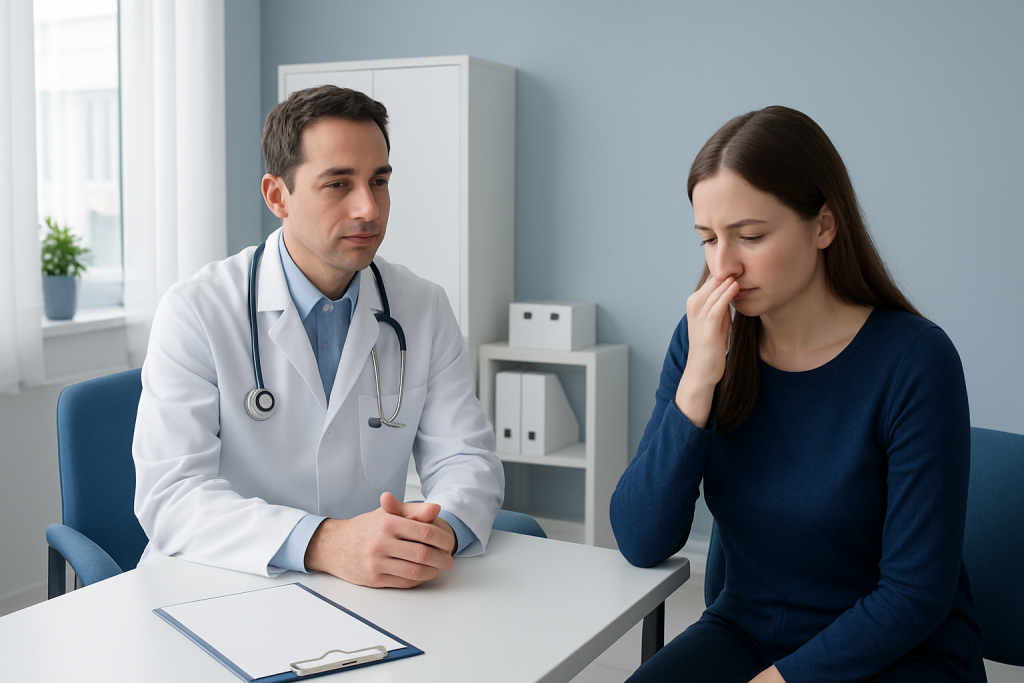 Doctor consulting a woman about nose bleeding in a medical office.