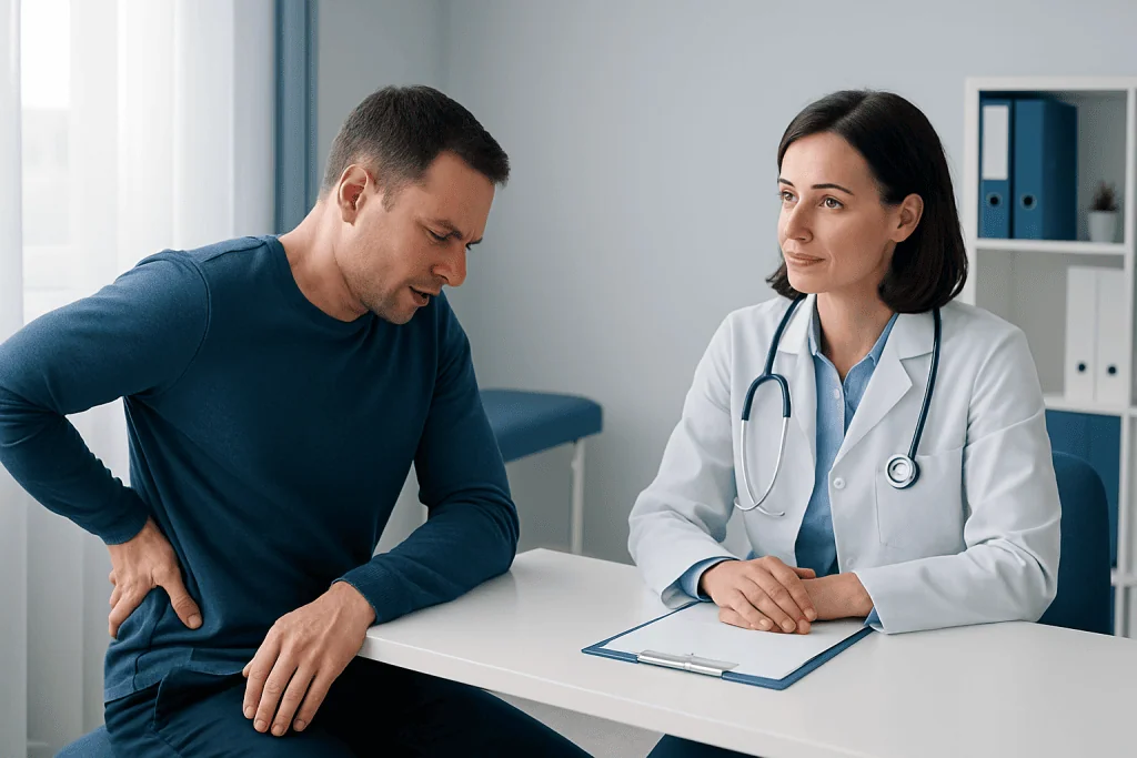Doctor consulting with patient about back pain and breathing issues.