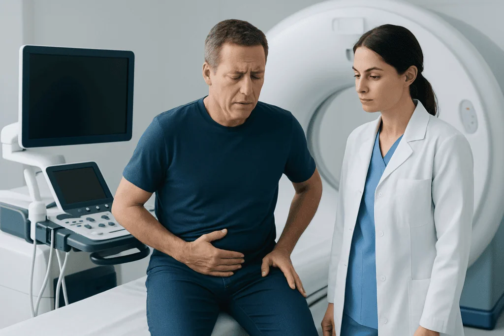 Patient experiencing stomach pain during medical examination at hospital.