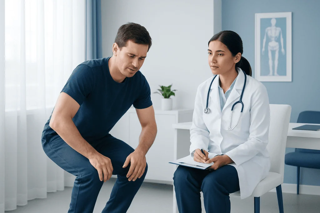 Doctor consulting patient about knee pain and squatting exercises.