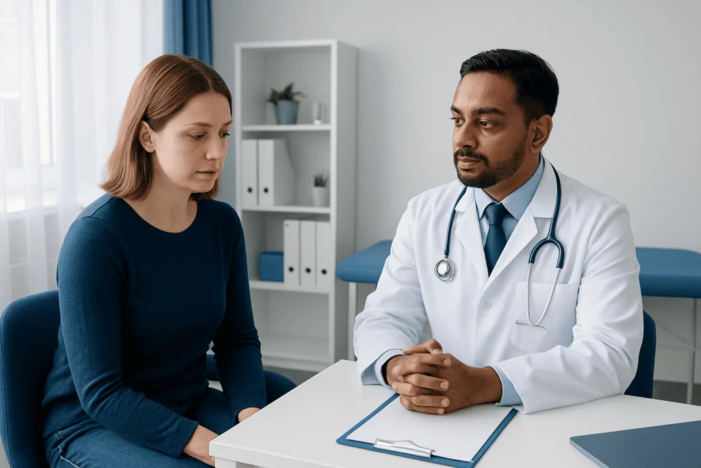 Doctor consulting with a female patient in a medical office setting.