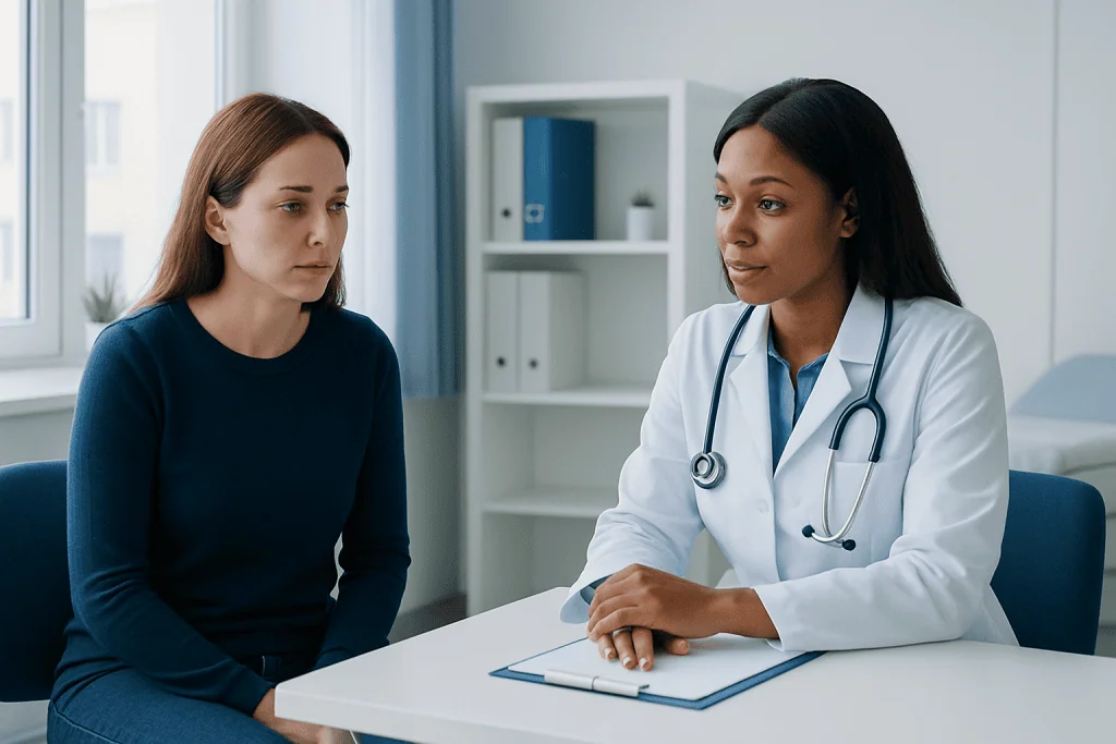 Doctor consulting with a patient in a medical office setting.