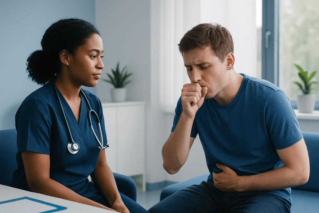 Young man experiencing cough or nausea during medical consultation.