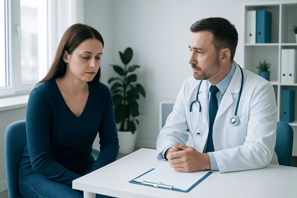 Doctor consulting with a patient about pink discharge and health concerns.