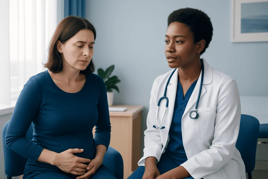 Doctor consulting with a patient about health concerns in a medical office.