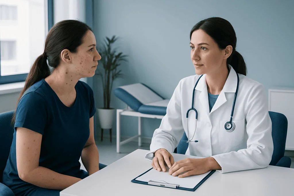 Doctor consulting with a patient about skin issues in a clinical setting.