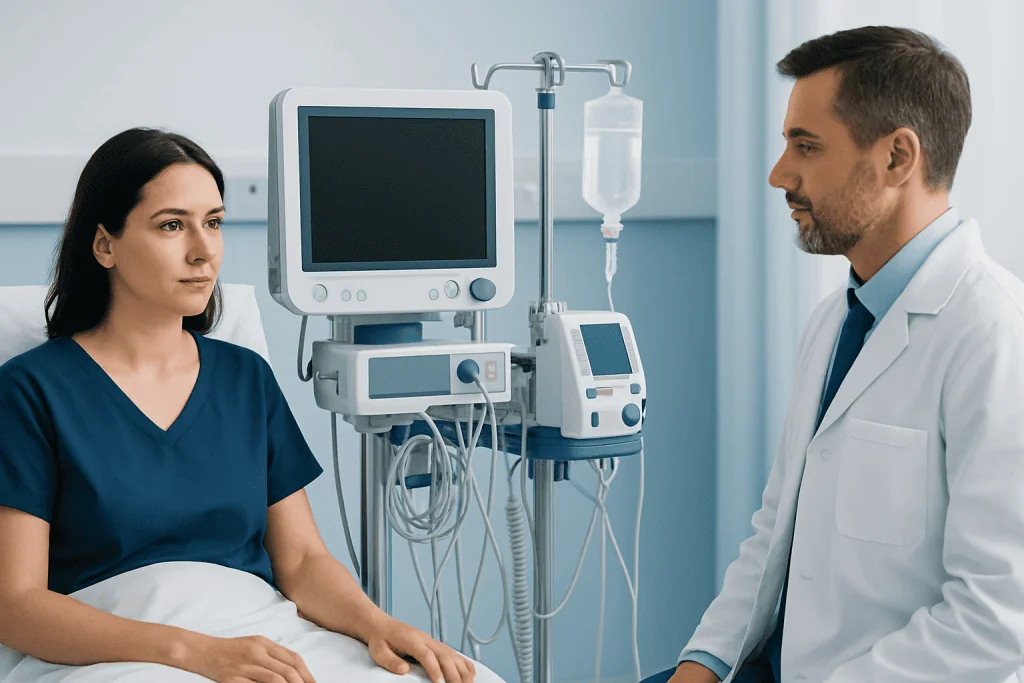 Doctor consulting with patient in hospital room with medical equipment.