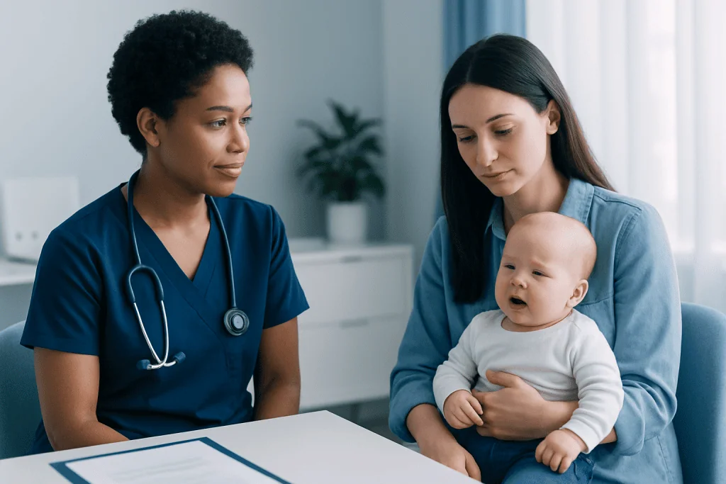 Pediatrician consulting with mother and baby in a medical office.
